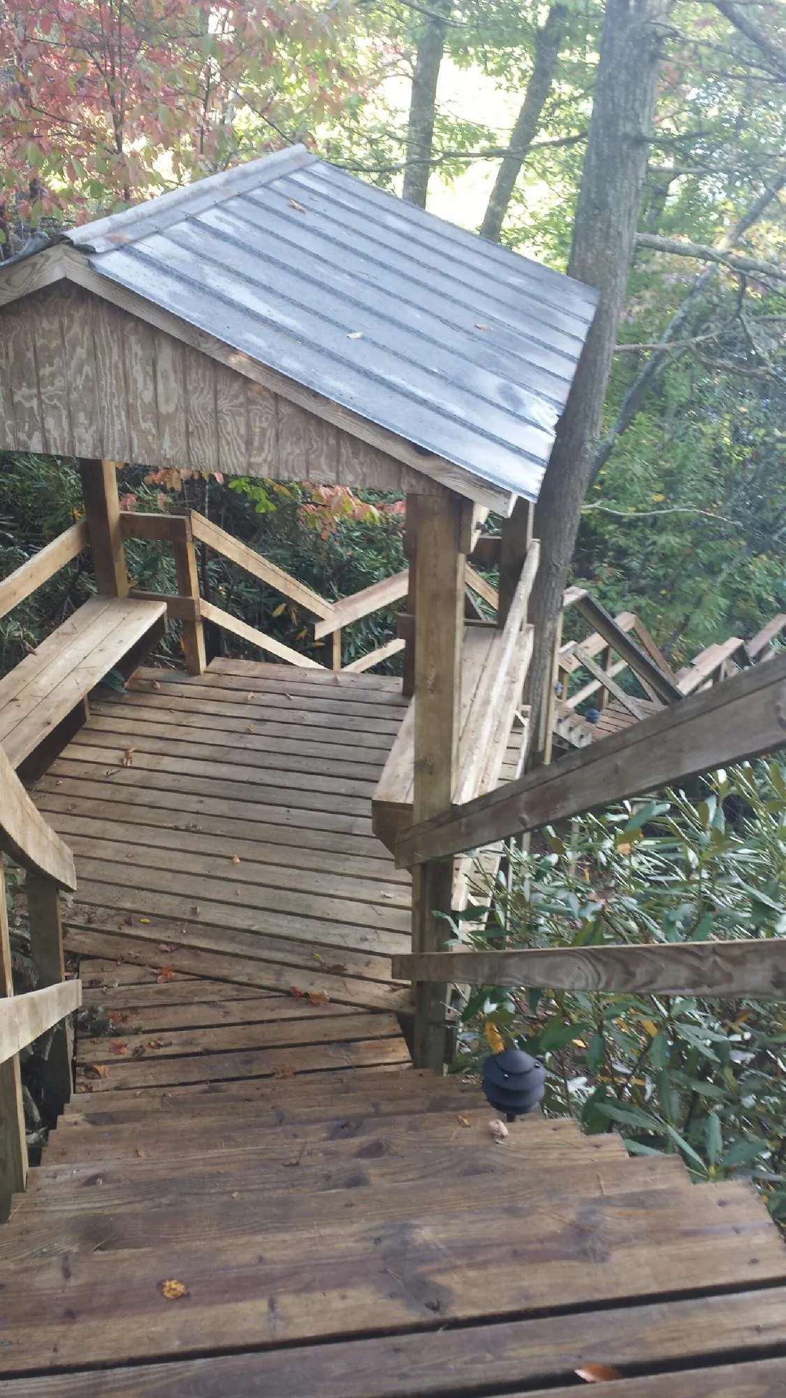 Metal roofed shelter over wooden steps on a wooded walkway — Skylight Repair & Installation work by our crew in Hunters